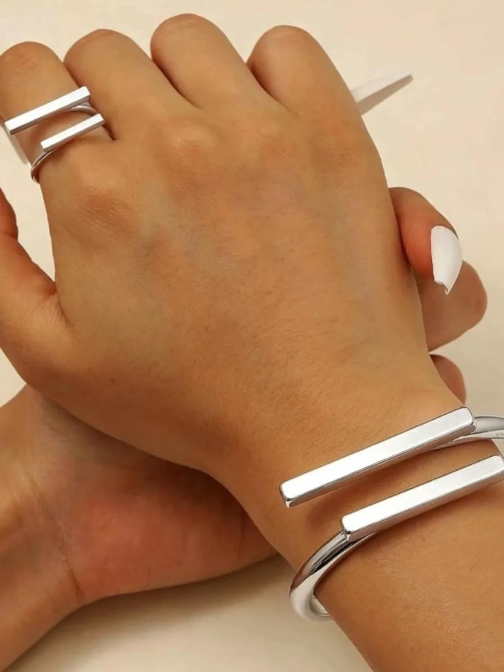 Silver Open Cuff Bracelet and Matching Ring Set